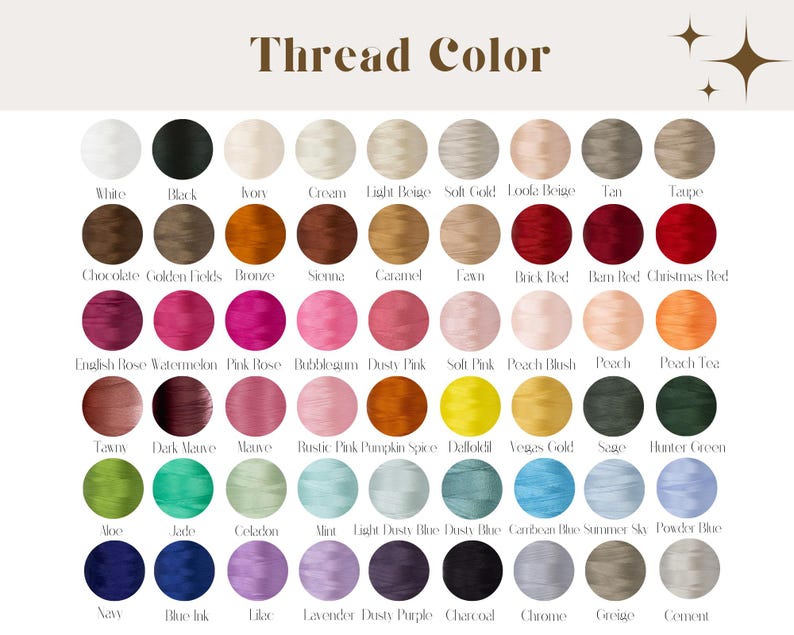 May include: A chart of 60 different thread colors, organized in rows. The colors are named in white text below each color swatch. The colors include white, black, ivory, cream, light beige, gold, tan, taupe, chocolate, golden fields, bronze, sienna, caramel, fawn, brick red, barn red, Christmas red, English rose, watermelon, pink rose, bubblegum, dusty pink, soft pink, peach blush, peach, peach tea, tawny, dark mauve, mauve, rustic pink, pumpkin spice, daffodil, Vegas gold, sage, hunter green, moss, jade, celadon, mint, light dusty blue, dusty blue, Caribbean blue, summer sky, powder blue, navy, blue ink, lilac, lavender, dusty purple, charcoal, chrome, beige, and cement.