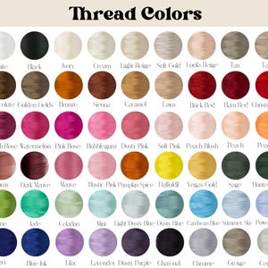 May include: A colour chart titled Thread Colours displaying sixty circular swatches of embroidery thread in various shades including white, black, ivory, cream, beige, gold, tan, taupe, brown, red, pink, orange, yellow, green, blue, purple, and grey.