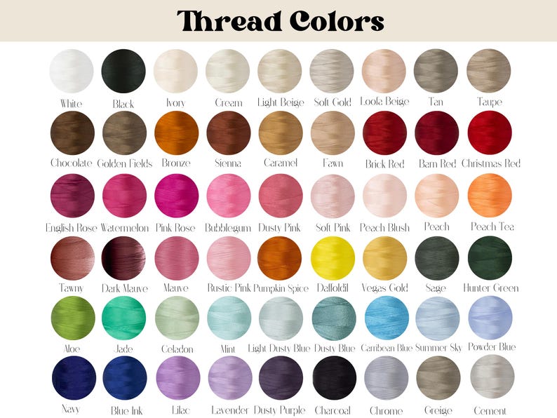 May include: A colour chart titled Thread Colours displaying sixty circular swatches of embroidery thread in various shades including white, black, ivory, cream, beige, gold, tan, taupe, brown, red, pink, orange, yellow, green, blue, purple, and grey.