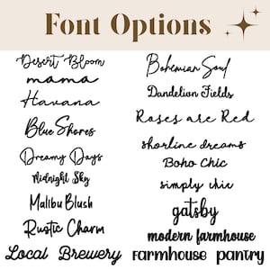 May include: A list of font options for a design project. The fonts are written in a variety of styles, including cursive, script, and sans serif. Some of the fonts include "Desert Bloom", "Bohemian Soul", "Havana", "Blue Shores", "Dreamy Days", "Midnight Sky", "Malibu Blush", "Rustic Charm", "Local Brewery", "Dandelion Fields", "Roses are Red", "Shoreline Dreams", "Boho Chic", "Simply Chic", "Gatsby", "Modern Farmhouse", and "Farmhouse Pantry".