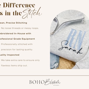 May include: A gray sweatshirt with a zipper and the text "RN Sarah" embroidered in blue thread. The text "The Difference is in the Stitch" is written in brown text on a white background. The text below describes the quality of the stitching and the professional equipment used.