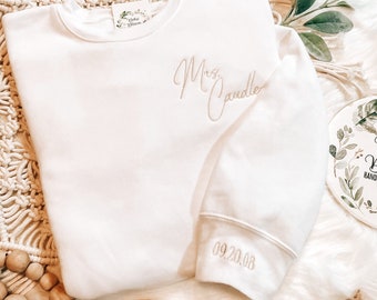 Personalized Mrs. Sweatshirt | Custom Wife Sweatshirt | Lightweight Bridal Sweatshirt| Wedding Date On Sleeve | Embroidered Bridal Sweatshir