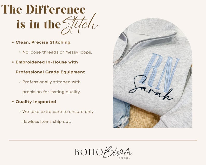 May include: A light grey quarter-zip sweatshirt featuring embroidered text. The letters RN are stitched in light blue, with the name Sarah embroidered in black cursive script below. The garment includes a metal zip and clean stitching details.