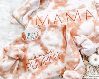 Matching Mama and Mama's Pumpkin Fall Sweatshirts, Embroidered Mommy and Me Sweaters, Mom and Me Outfit, Fall Tie-dye Crewneck, Fall Gifts