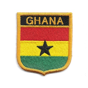 May include: Embroidered patch featuring the flag of Ghana. The design includes horizontal stripes of red, yellow, and green, with a black star in the center. The word "GHANA" is embroidered in gold letters at the top, set against a black background.