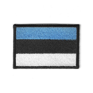 May include: Embroidered patch featuring the flag of Estonia. The rectangular patch has three horizontal stripes: blue at the top, black in the middle, and white at the bottom. The patch is bordered by a black frame.