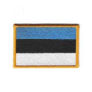 May include: Embroidered patch featuring the flag of Estonia. The rectangular patch displays the Estonian flag's horizontal tricolor design: blue, black, and white stripes. The patch has a gold border and is set against a white background.