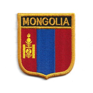 May include: Embroidered patch featuring the word "MONGOLIA" in black on a gold border. The patch displays the Mongolian flag with a red background, a blue vertical stripe, and a gold emblem.