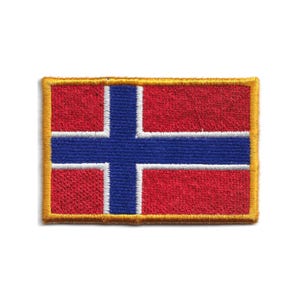 May include: Embroidered patch featuring the flag of Norway. The rectangular patch has a red background with a blue Nordic cross outlined in white. A gold border frames the design, showcasing the flag's colors.