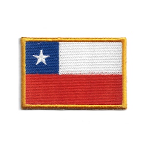 May include: Embroidered patch featuring the flag of Chile. The rectangular patch has a blue square with a white star in the upper left corner, a white stripe, and a red stripe. The patch is bordered with gold thread.