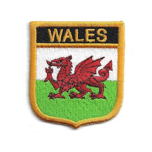 Puede incluir: Parche bordado con la bandera galesa. El parche tiene un borde dorado, una pancarta negra con la palabra "WALES", un fondo blanco, un dragón rojo y un campo verde. El parche tiene forma de escudo.