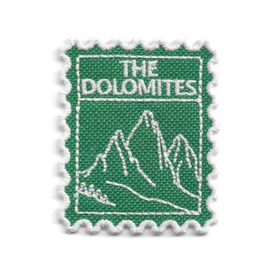Dolomites Stamp Patch - Alpine Peaks Travel Iron-On Embroidered Badge - Italy Hiking Souvenir
