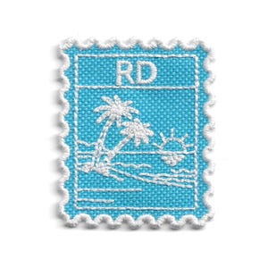 May include: A turquoise embroidered patch in the shape of a postage stamp. The design features a tropical scene with palm trees, waves, and a setting sun, all in white thread. The letters "RD" are at the top.
