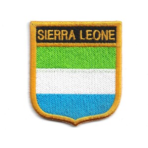 May include: Embroidered patch depicting the flag of Sierra Leone. The patch is shield-shaped with a gold border. The flag design features horizontal stripes of green, white, and blue, with the text "SIERRA LEONE" at the top.