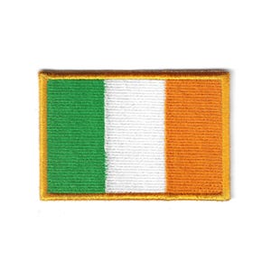 May include: Embroidered patch featuring the flag of Ireland. The rectangular patch displays vertical stripes of green, white, and orange, with a gold border. The patch is likely for clothing or accessories.