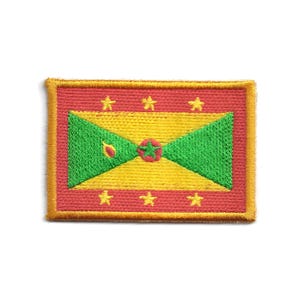 May include: Embroidered patch featuring the flag of Grenada. The rectangular patch has a red border and a central design with yellow, green, and red elements. The design includes a nutmeg, stars, and a central star.