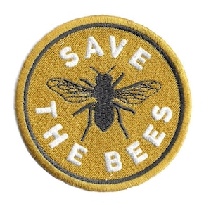 May include: A yellow embroidered patch with a black bee and the text "Save the Bees" in white.