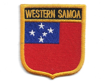May include: Embroidered patch depicting the flag of Western Samoa. The patch features a red field with a blue canton displaying five white stars. The words "WESTERN SAMOA" are embroidered in white on a black banner.