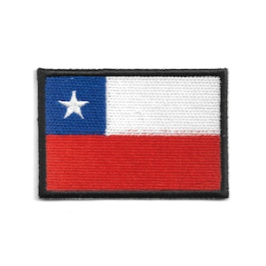May include: Embroidered patch featuring the flag of Chile. The design includes a blue square with a white star in the upper left corner, a white stripe, and a red stripe. The patch has a black border.