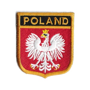 May include: A red and gold embroidered patch with a white eagle and the word "POLAND" in black.