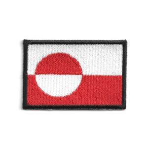 May include: Embroidered patch featuring the flag of Greenland. The rectangular patch has a black border and displays the flag's design: a red and white horizontal split with a red and white circle on the left side.