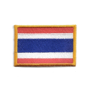 May include: Embroidered patch of the Thai flag. The rectangular patch has a gold border and displays the Thai flag's colours: red, white, and blue. The design includes five horizontal stripes: red, white, blue, white, and red.