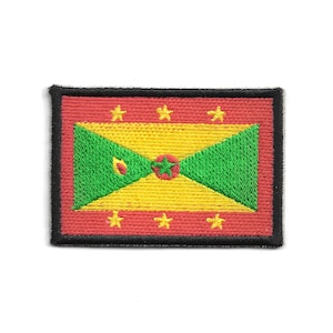 May include: Embroidered patch featuring the flag of Grenada. The design includes a red border, a central yellow and green section, a nutmeg, and six yellow stars. The patch is rectangular and has a black border.