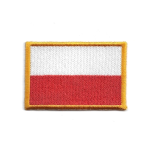 May include: Embroidered patch featuring the flag of Poland. The rectangular patch has a white upper half and a red lower half, with a gold border. The design is a representation of the Polish national flag.