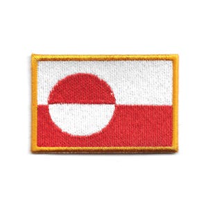 May include: Embroidered rectangular patch featuring the flag of Greenland. The flag design includes a white and red split circle on a white and red background, with a gold border.