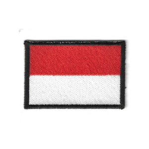 May include: Rectangular patch featuring the Indonesian flag. The flag is divided horizontally, with a red upper half and a white lower half. The patch has a black border.