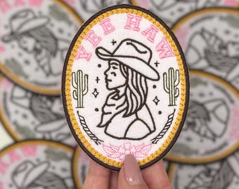 Yee Haw Cowgirl Patch - Western Bachelorette Iron-On Embroidered Badge