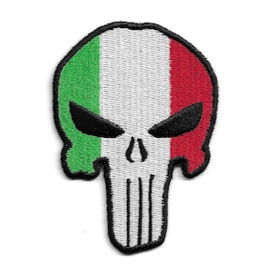May include: A black and white skull with the colours of the Italian flag, green, white and red, on the sides of the skull.
