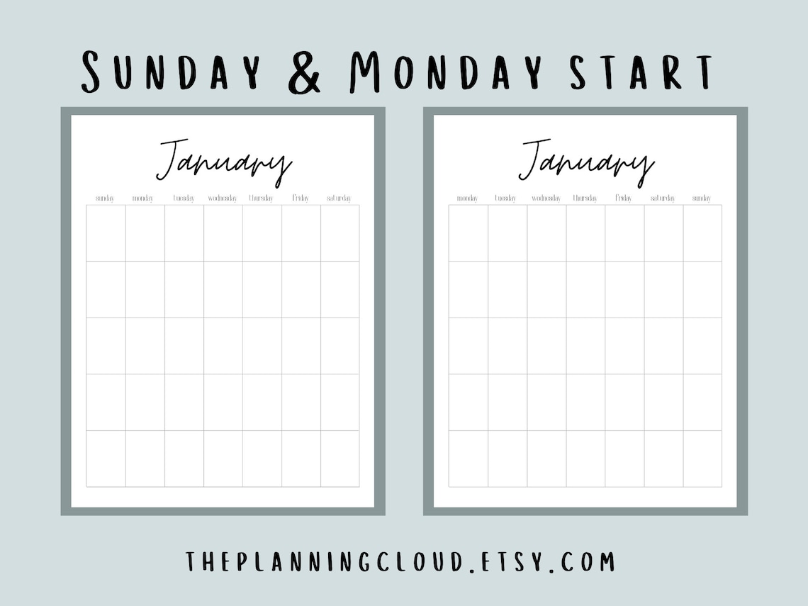 PRINTABLE BLANK Portrait Simple Monthly Calendar Minimalistic Etsy