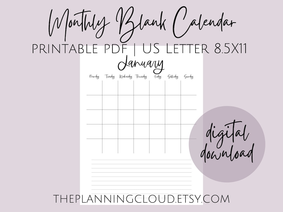 PRINTABLE BLANK Portrait Monthly Calendar With Space for - Etsy