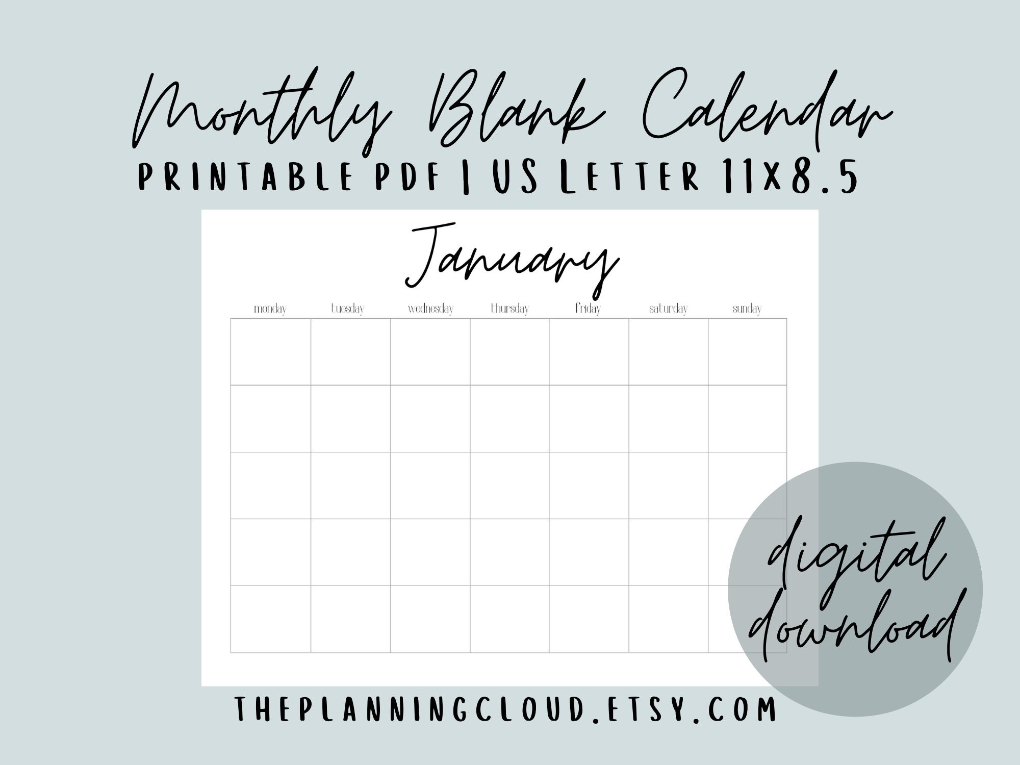 printable blank simple monthly calendar minimalistic etsy