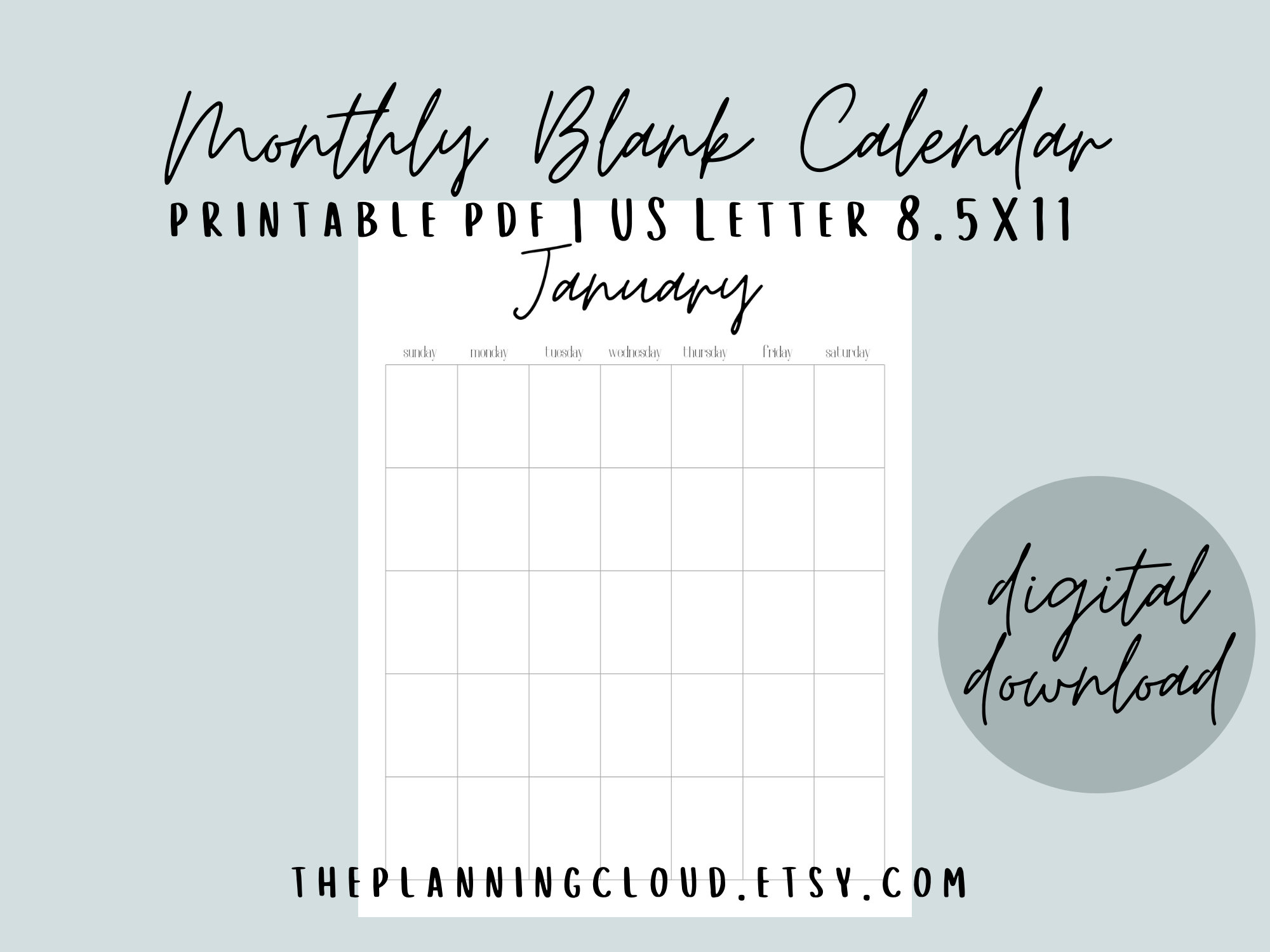 PRINTABLE BLANK Portrait Simple Monthly Calendar Minimalistic - Etsy