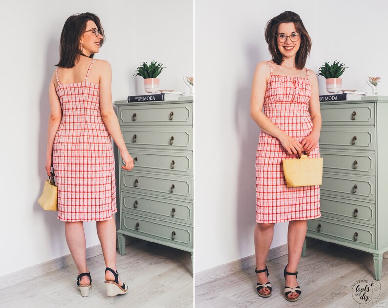 Cottagecore pattern. Milkmaid dress pattern with empire waist and strapless. Sew this easy midi dress pattern pdf for your summer vacation. This printable sewing pattern includes: 8 different sizes, 3 print formats and video tutorial step by step.
