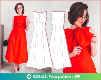 Midi dress pattern pdf | Easy dress pattern for woman with bow. The perfect prom dress pattern with a 50s dress pattern sewing vibe.