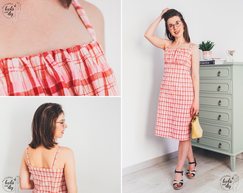 Cottagecore pattern. Milkmaid dress pattern with empire waist and strapless. Sew this easy midi dress pattern pdf for your summer vacation. This printable sewing pattern includes: 8 different sizes, 3 print formats and video tutorial step by step.