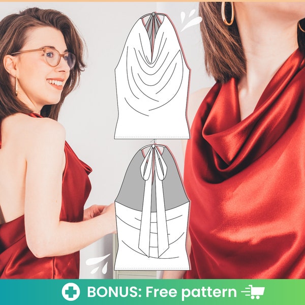 Halter top pattern | Sew the satin top of the summer with this women cowl neck top sewing pattern. Backless v neck cami crop top pattern PDF