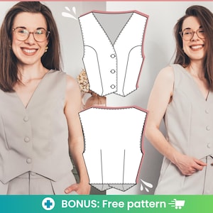 Naaipatroon gilet. Eenvoudig zelfgemaakt vestpatroon met knopen pdf. Semi-aangesloten cropped v-hals gevoerd formeel casual damesgilet in 8 plus maten