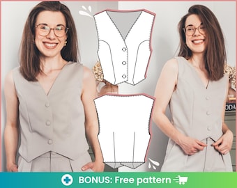Waistcoat sewing pattern. Easy DIY Buttoned vest pattern PDF. Semi fitted cropped V-neck lined formal casual women waistcoat in 8 plus sizes