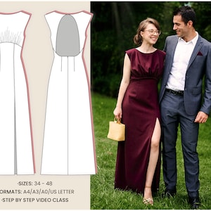 Maxi dress sewing pattern. Women A line slit prom dress pattern PDF. Empire gathered open back gown. Wedding Guest Bridesmaid dress patterns
