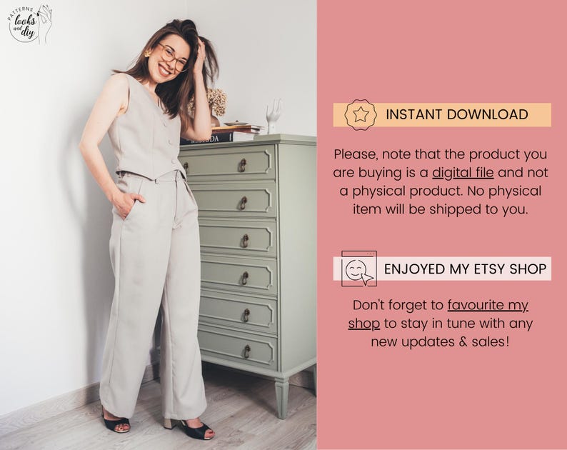 Waistcoat Sewing Pattern. Easy DIY Buttoned Vest Pattern PDF. Semi