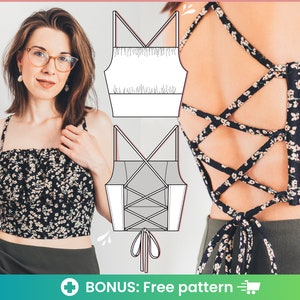 May include: A black and white floral crop top with a lace-up back. The top has a square neckline and a ruffled hem. A pattern for the top is included.