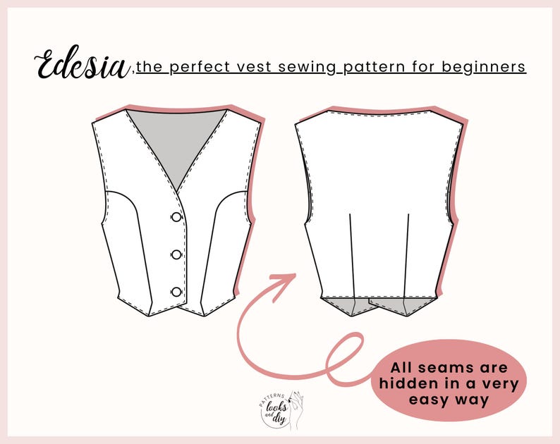 Waistcoat Sewing Pattern. Easy DIY Buttoned Vest Pattern PDF. Semi