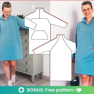 Sweater dress pattern pdf | sweatshirt dress sewing pattern | Oversize knit jersey dress pattern | Long sleeve kangaroo pocket dress pattern
