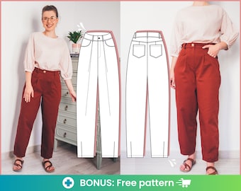 Slouchy trousers pattern, women cropped jeans pattern, high waist balloon pants sewing pattern, printable bob pants for ladies, mom jean pdf