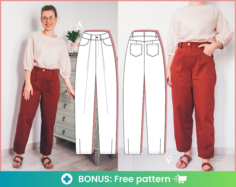 May include: A woman wearing a white blouse and red pants with a high waist and pleats. The pants have a wide leg and a cropped length. A line drawing of the pants is shown next to the woman.