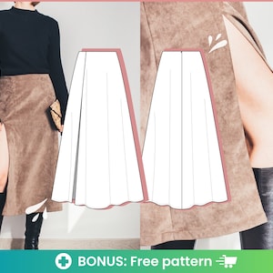 May include: A brown suede skirt with a high slit on the side. The skirt is knee-length and has a simple, A-line silhouette. A free pattern is included.